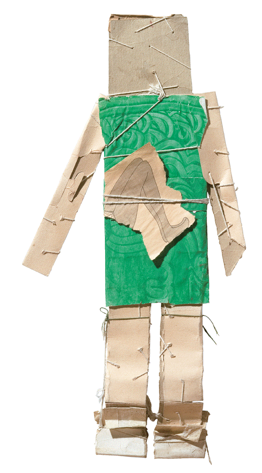 詹姆斯•卡索、《无题（穿绿裙子、腿部为打印纸的女孩）》硬纸板、纸张、仿羊皮纸、新闻用纸、水彩、53×27cm。