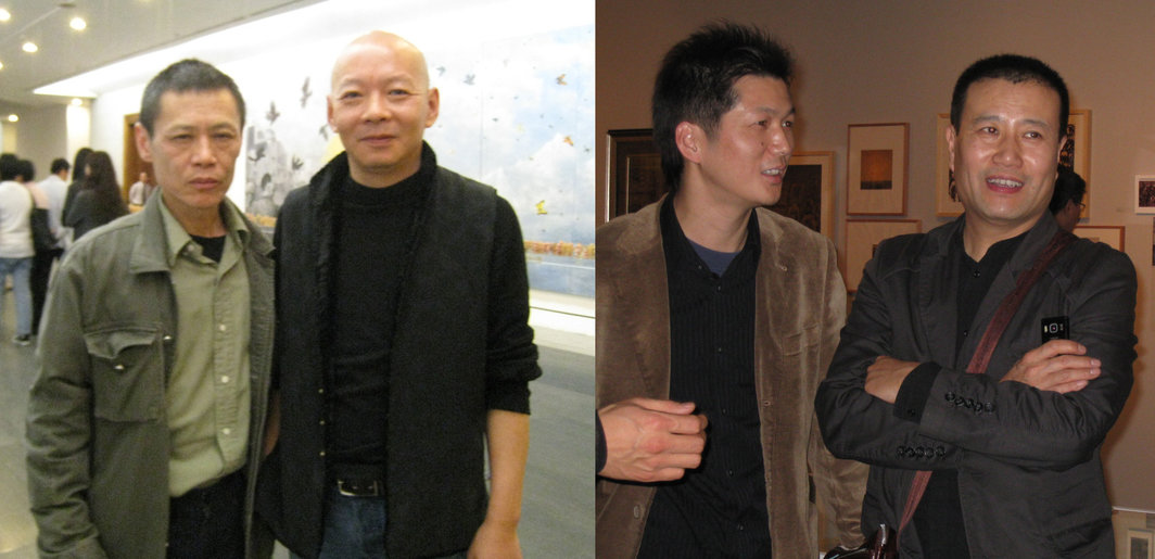 左图：艺术家李路明和岳敏君。右图：艺术家黄勇和刘庆和。