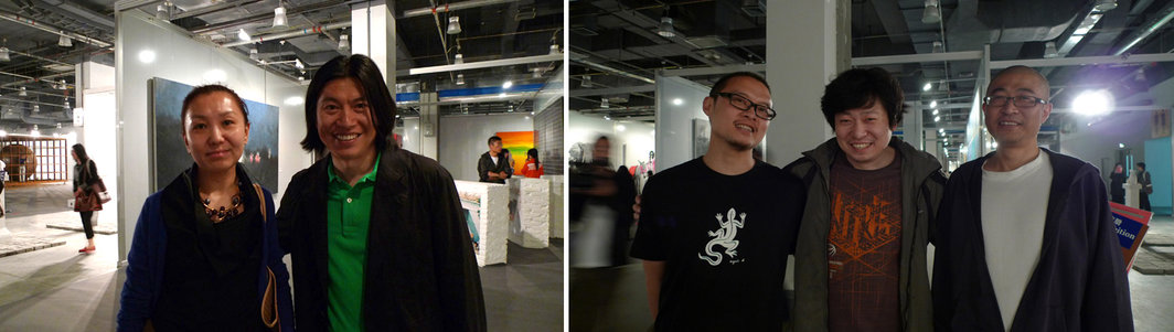 左：炎黄艺术馆的郭晓莉和艺术家俸正杰； 右：艺术家谢南星、徐一晖、方大平