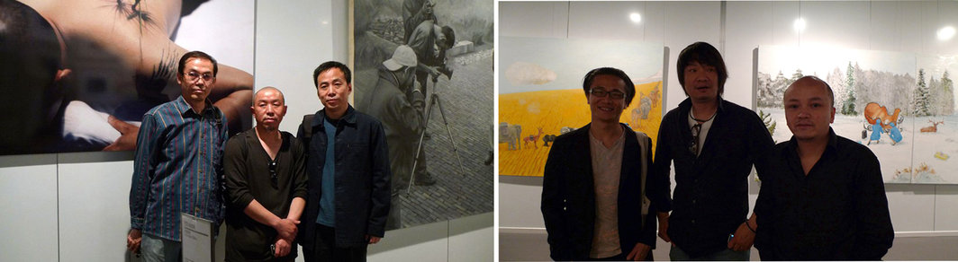 左：艺术家许方鉴、杨志超、凤胤斐； 右：艺术家舒昊、韩磊、王亚彬