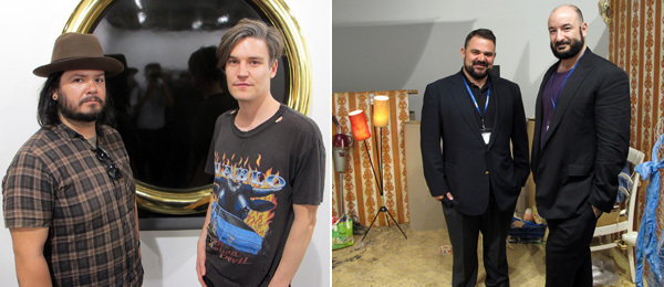 左: 制作人Carlos Quirarte与艺术家Nate Lowman；右: The Breeder画廊的George Vamvakidis 与Stathis Panagoulis。