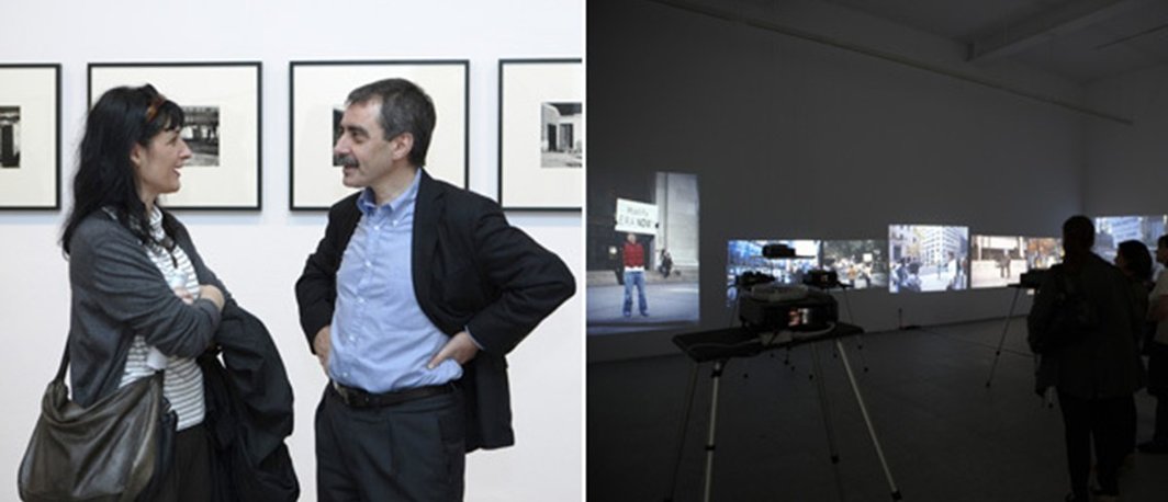 左: 马德里索菲亚王妃艺术中心馆长Manuel Borja-Villel（右）；右:Sharon Hayes装置作品《在不久的未来》（In the Near Future, 2005）。