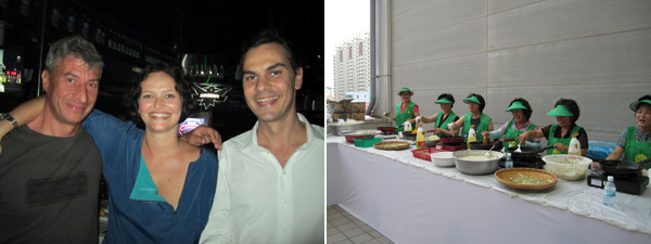 左：艺术家Maurizio Cattelan 和策展人Cecilia Alemani、Massimiliano Gioni；右：开幕现场在制作葱油饼