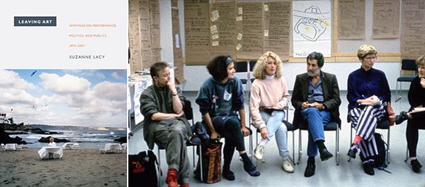 左：《告别艺术：1974－2007年的行为、政治与公众》（2010）封面；右：苏珊‧雷西与阿伦•卡普罗（中间）及艺术家们在芬兰约恩苏