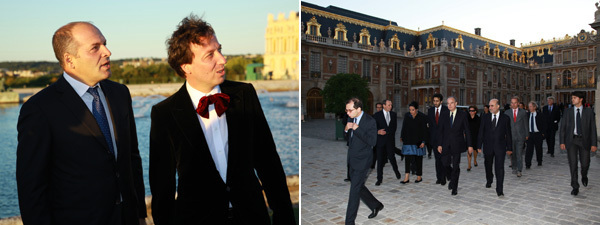 左：收藏家Victor Pinchuk与艺术商人Emmanuel Perrotin；  右: 凡尔赛宫策展人Laurent Le Bon (左边远处者)。 
