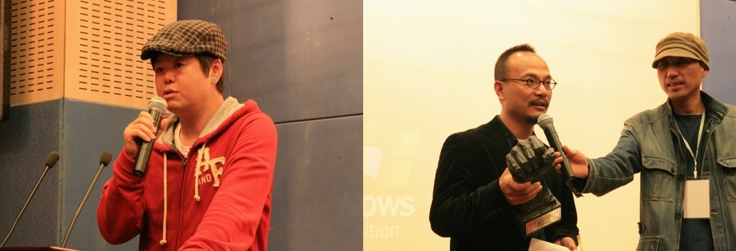 左图：终审评委崔子恩。右图：导演刘健（左一）。