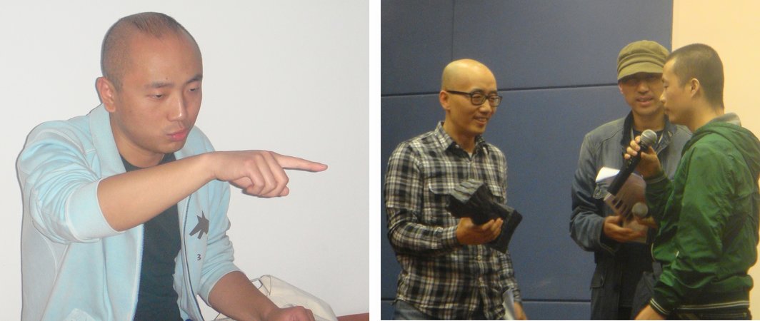左图：导演邱炯炯。右图：终审评委韩东（左一）为导演李睿珺（右一）颁奖。
