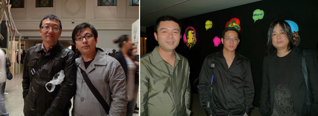 左：策展人顾振清和艺术家王迈；右：伊比利亚当代艺术中心总监夏季风、艺术家章清、杨福东
