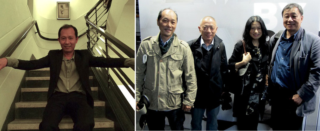 左：策展人侯瀚如在外滩美术馆；右：（右起）喜玛拉雅美术馆的副馆长王纯杰、时装设计师谭燕玉（Vivenne Tam）、赵嘉陵与朋友。 