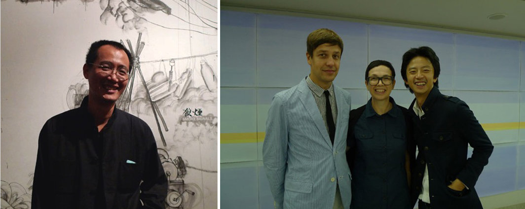 左： 艺术家邱志杰；右：设计师Oliver Klimpel、德国莱比锡当代艺术博物馆馆长Barbara Steiner和艺术家杨俊