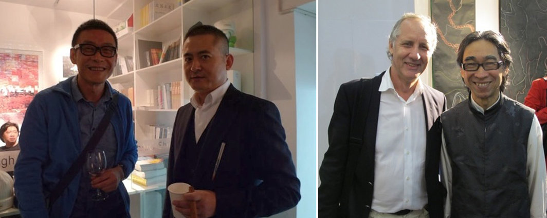 左：艺术家汪建伟和曾梵志；右：香港、台北LV空间的艺术总监Jonathan Thompson和画廊家张颂仁。