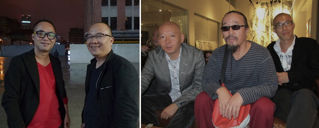 左： 艺术家陈文波和邵忠基金会总监欧宁；右：艺术家叶永青、岳敏君、吴山专和画廊家卢杰