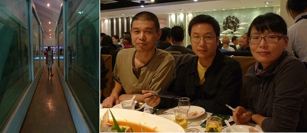 左：桃浦香格纳展库公众开放日，观众走近徐震作品；右：艺术家邵一、唐茂宏和倪俊