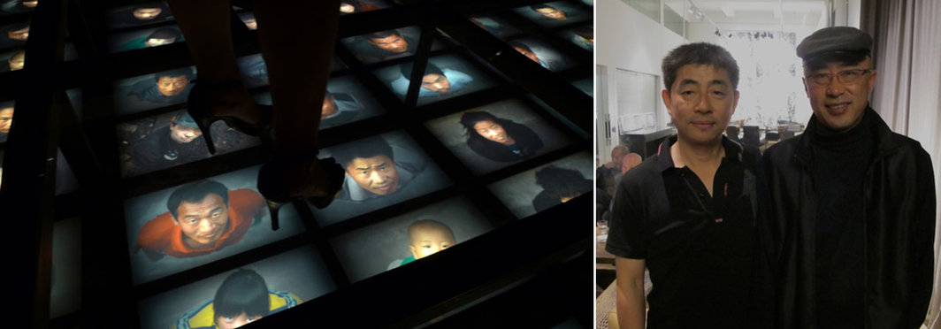 左：观众站在王劲松的“天问”装置作品上；右：艺术家王劲松和杨少斌