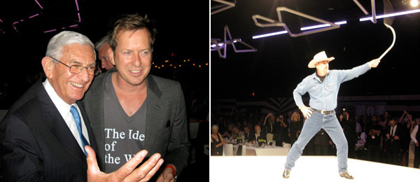 左: 收藏家Eli Broad和艺术家Doug Aitken； 右：MoCA晚会上的牛仔表演 。