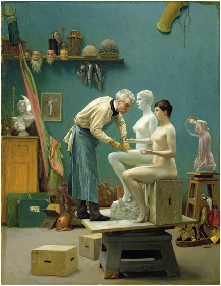 Jean-Léon Gérôme, 用大理石做作品，或雕刻塔那格拉的艺术家, 1890,布面油画，50x38cm。