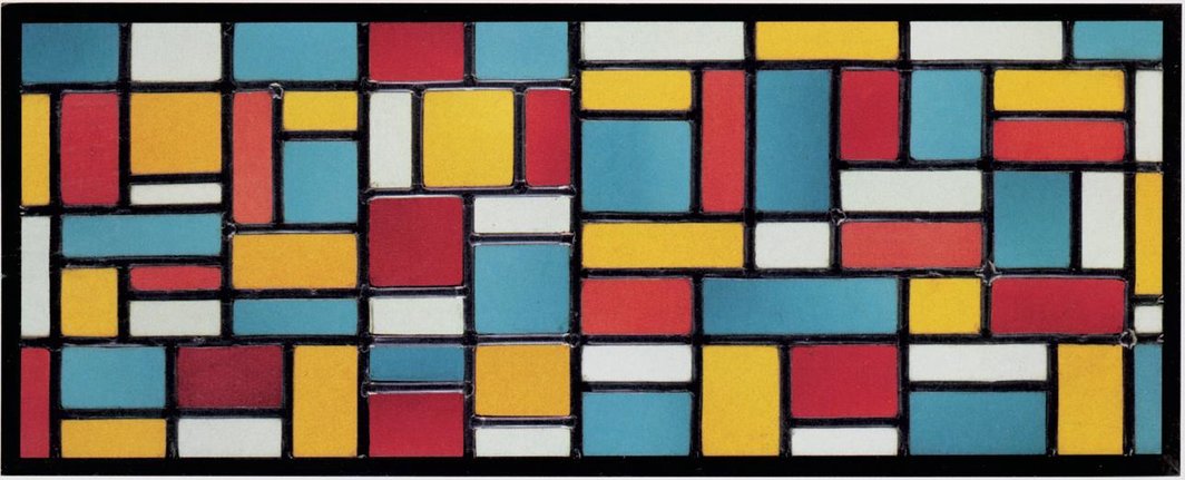 杜斯伯格, 《彩色玻璃构图9》,1918–19, 彩色玻璃，34.6x86cm。