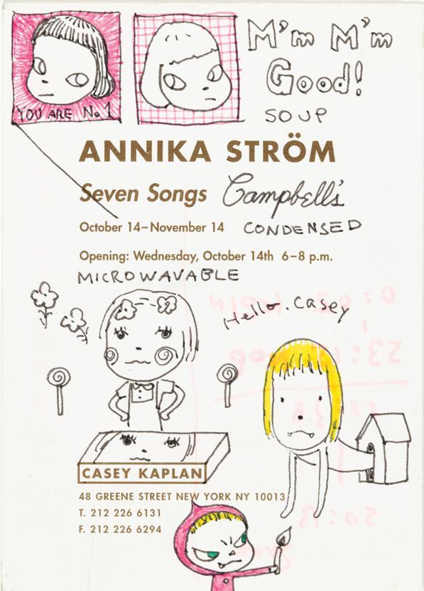 奈良美智，《无题》（Annika Ström展览请柬），约1998，软笔作于印刷纸上，15.24 x11.43cm。