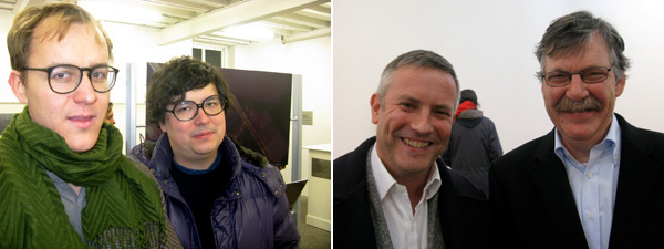 左: 艺术家Nick Mauss与Ken Okiishi； 右: 画商Jake Miller与艺术家John Stezaker。

