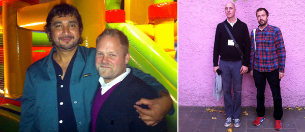 左： 艺术家 Héctor Zamora 与El Eco试验博物馆主任Tobias Ostrander；右： 策展人Patrick Charpenel 与Superflex的Bjornstjerne Christiansen。
