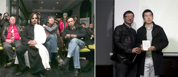 左：身穿自己作品的颁奖嘉宾黄锐（左起第二位）； 右：颁奖嘉宾顾正清（左）与获奖艺术家卢征远（右）。