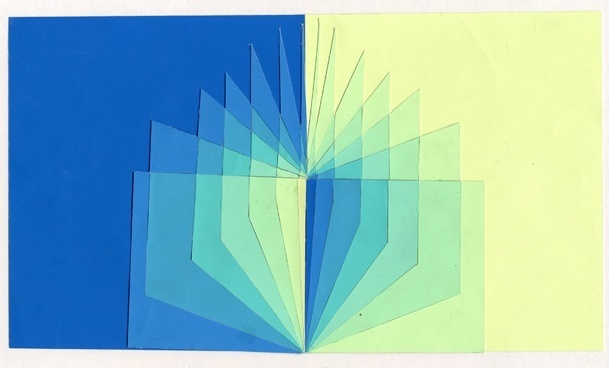 田芳芳，《练习六：起伏的错觉》，2009年，彩色纸。这透明体是由于完全不透明的色纸拼贴组合成的，由色彩混合造成的视错觉。