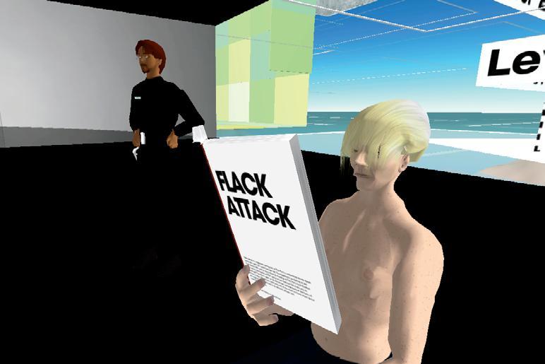 Voyeurone Baron的化身在“虚拟人生”中阅读戈尔丁+塞内比的杂志《广告高射炮》（2005-2006）的视频截图。