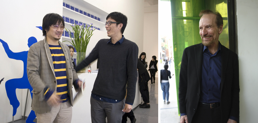 左：艺术家颜磊与没顶公司的徐震；右：Art in America亚洲总编Richard Vine。