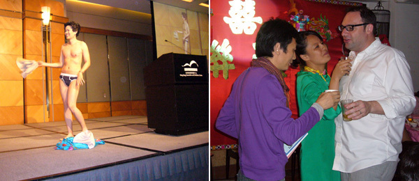 左: 艺术家黄汉明；右: 维他命空间的胡昉和张巍、策展人Tobias Berger。