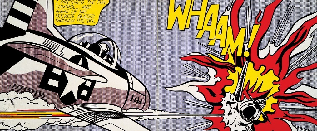 利希滕斯坦，《开火！》，1963, 双折画，麦格纳牌丙烯于画布上，172cm x 421.6cm。.