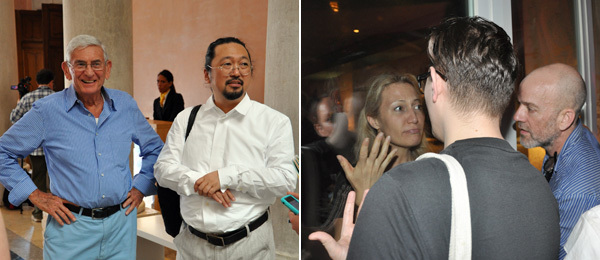 左: 收藏家Eli Broad与艺术家村上隆； 右: MoMA PS1董事会成员Diana Picasso、艺术家 Thomas Dozol与Michael Stipe。