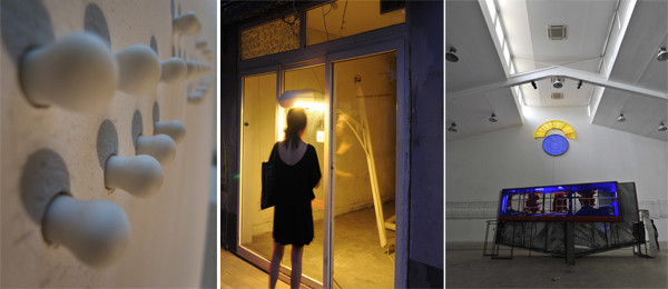 左：魔金石空间，《乳房上各有一颗痣，肩头还有一颗》展览现场，2011；中：箭厂空间，《风轻似小偷》展览现场，2011； 右：北京当代唐人艺术中心，《好奇之黄，好奇之蓝》展览现场，2011。