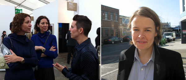 左: 收藏家Valeria Napoleone、 Stefania Pramma和画商Jessica Silverman。(摄影: Sarah Thornton)；右: 画商Chistabel Stewart。 (摄影: Kate Sutton)。