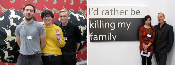 左: 画商Alex Zachary、 艺术家Ken Okiishi, 和画商Peter Currie (摄影: Kate Sutton)； 右: 画商Miriam Katzeff和Jose Freire。(摄影: David Velasco)。