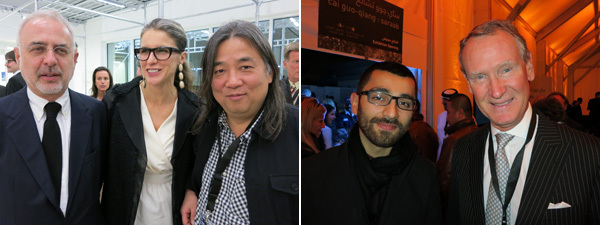 左: Francesco Bonami、画商Ludovica Barbieri与艺术家严培明； 右: 艺术家Abbas Akhavan与卡塔尔博物馆管理局主管Roger Mandle。