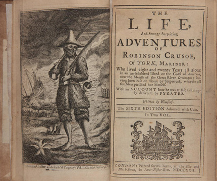 丹尼尔·笛福，《鲁滨逊漂流记》第六版卷首插图和扉页，W. Taylor, 1722. 图片来源：Beinecke Rare Book and Manuscript Library.