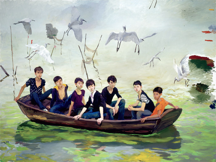 刘小东，《入太湖》，2010, 布面油画，400x267cm。