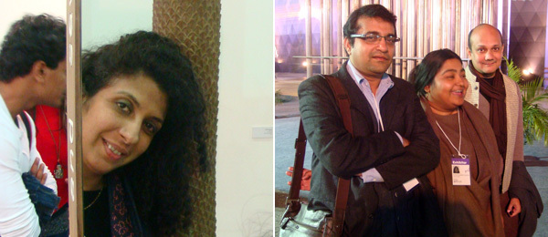 左图：Chemould Prescott Road的 Shireen Gandhy。右图：SKE画廊的 Sunitha Kumar Emmart,作家 Aveek Sen, 和《艺术印度》的编辑Abhay Sardesai。
&nbsp;