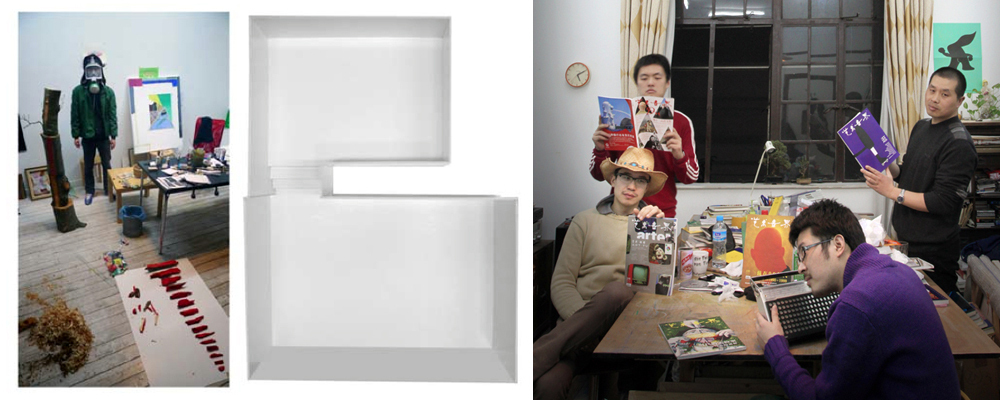 左：陆平原,“胶囊”，Galleri Box, 哥德堡 瑞典 （2011）；右：“组织”成员赵骏园、陶轶、徐喆、李牧。