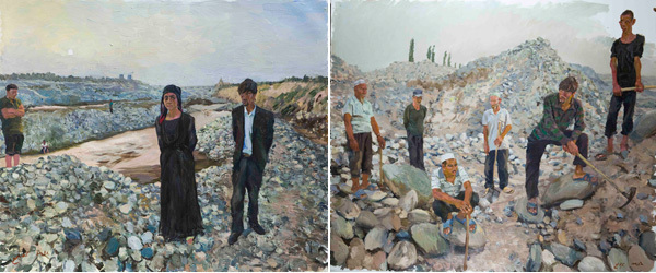 左：刘小东，《西》，2012，布面油画，2.5 x 3 m。右：刘小东，《南》，2012，布面油画，2.5 x 3 m。