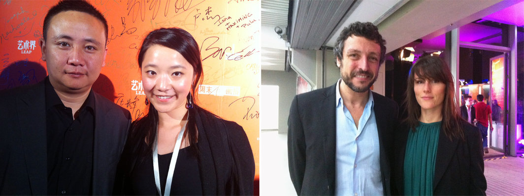 左：香港M＋博物馆资深策展人皮力及友人。右：上海当代艺术博览会总监马西莫-多利加（Massimo Torrigiani）及友人。
