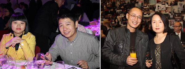 左：艺术家李姝睿与何翔宇；右：艺术家邱志杰与《艺术界》杂志执行出版人曹丹.