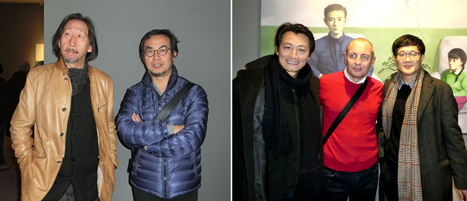 左：艺术家王广义和隋建国；右：程昕东、捷克驻北京大使利博尔·塞奇卡（Libor Sečka）和批评家、策展人吕澎。