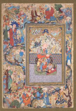 Muhammad Sharif (中) 和Murad Muhammad Samarqandi (外围), 卷首插画，ca. 1615，纸上水粉，镀金，141⁄2 x 95⁄8".&nbsp;