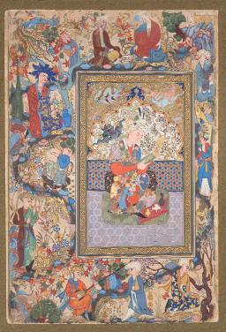 Muhammad Sharif (中) 和Murad Muhammad Samarqandi (外围), 卷首插画，ca. 1615，纸上水粉，镀金，141⁄2 x 95⁄8".
&nbsp;