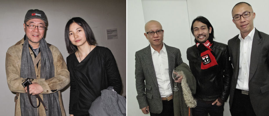 左：中央美院美术馆馆长王璜生和艺术撰稿人戴伟平；右：艺术家刘韡，胡向前与长征空间的卢杰。
