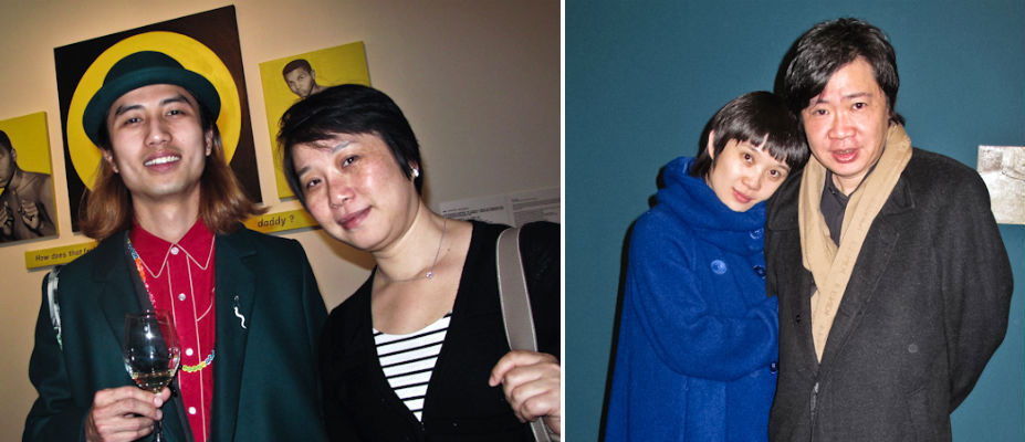 左：参展艺术家陈轴与White Cube Gallery的Laura Zhou；右：参展艺术家胡晓媛与艺术家周铁海。