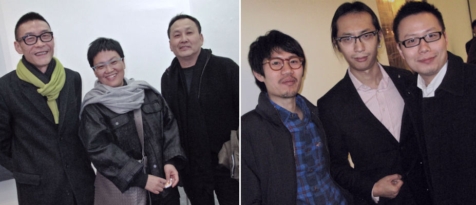 左：艺术家汪建伟，林天苗与王功新；右：参展艺术家陈维、UCCA的尤洋与Leo Xu Projects的许宇。