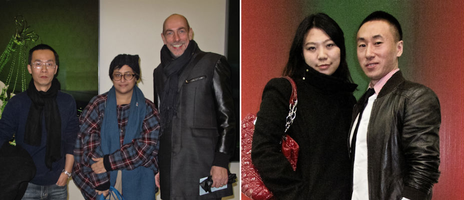 左：参加艺术家蒋鹏奕、沙迦艺术基金会总监Hoor Al-Qasimi以及歌德学院北京分院院长安德斯（Peter Anders）；右：匡时拍卖的谢扬与艺术经纪人Simon Wang。