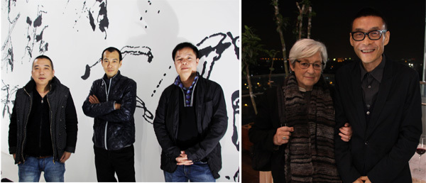 左：艺术家孙庆麟，郑国谷，陈再炎（阳江组）；右：策展人玛丽安娜·布劳娃（Marianne Brouwer）与艺术家汪建伟。